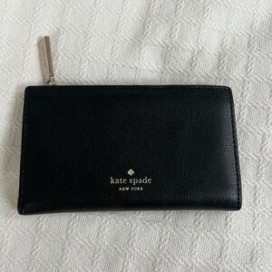 kate spade Black Leather Zip-Around Card Wallet with Gold Logo